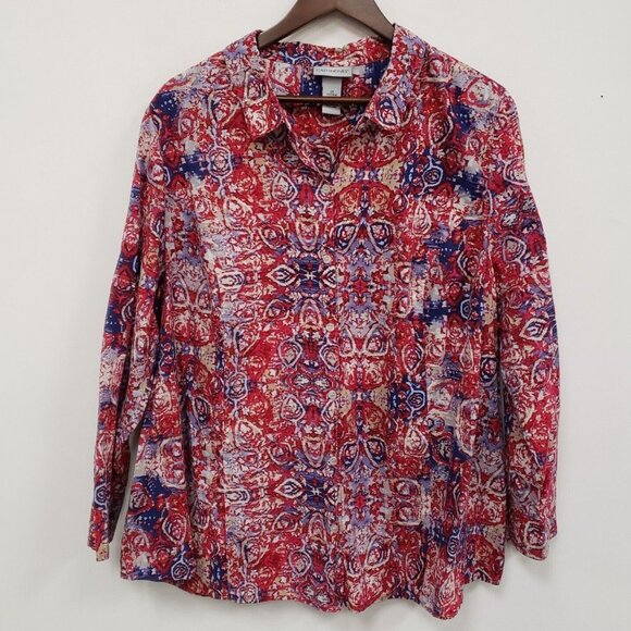 Catherines Womens Button Up Artsy Top Size 2X Red Vacation Mature Boho Travel - Picture 1 of 9